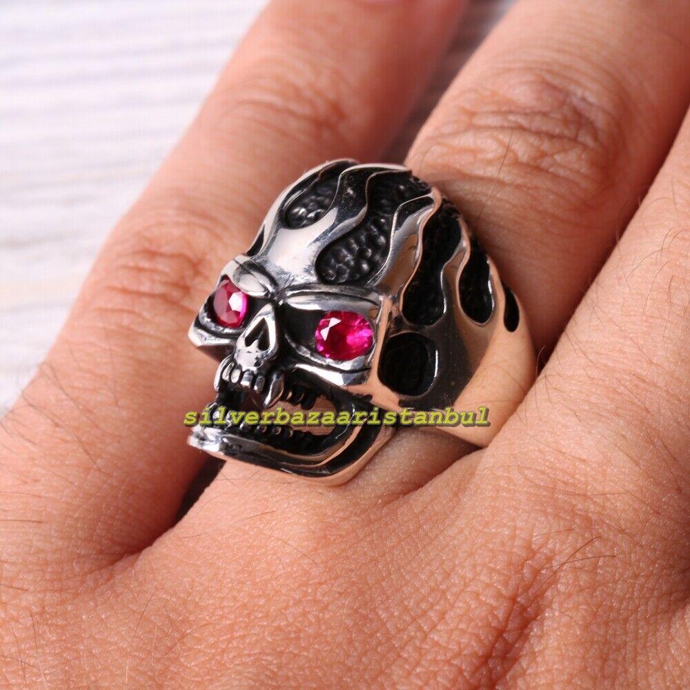 Ruby Gothic Skull Ring Angry Skull Gothic Ruby Stone 925 Sterling