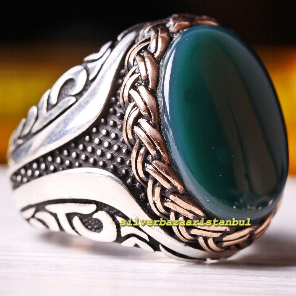 Antique Handmade 925 Sterling Silver Green Agate Aqeeq Stone Mens