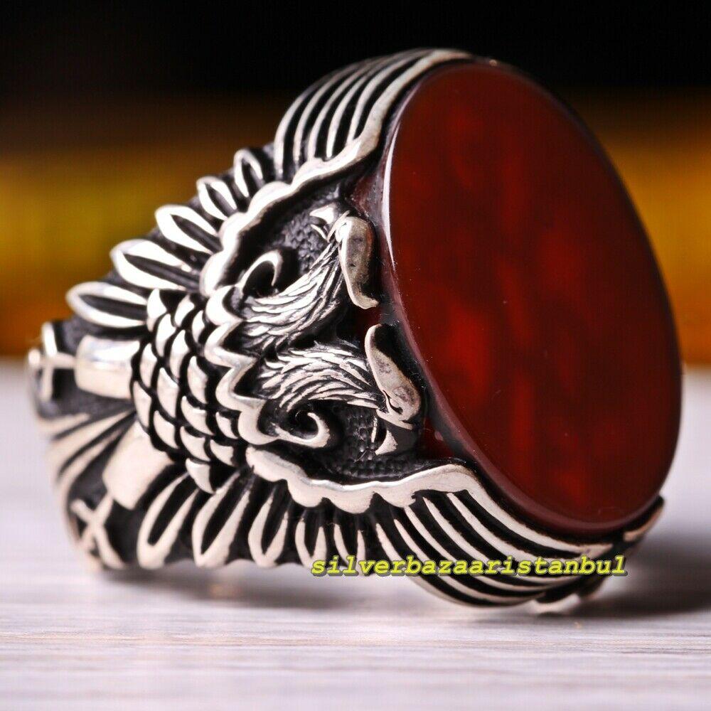 Handmade 925 Sterling Eagle Design Agate Aqeeq Stone Mens Ring