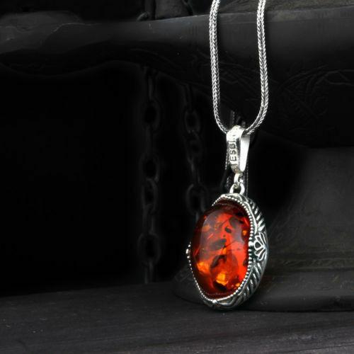 Luxury Amber Stone 925 Sterling Silver Mens Necklace