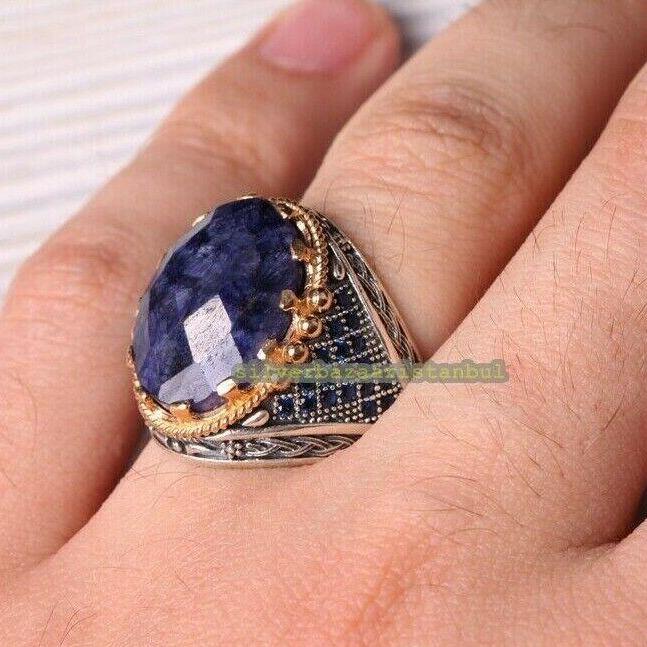 Mens Real Solid 925 Sterling Silver Dark Navy Blue Sapphire Stone