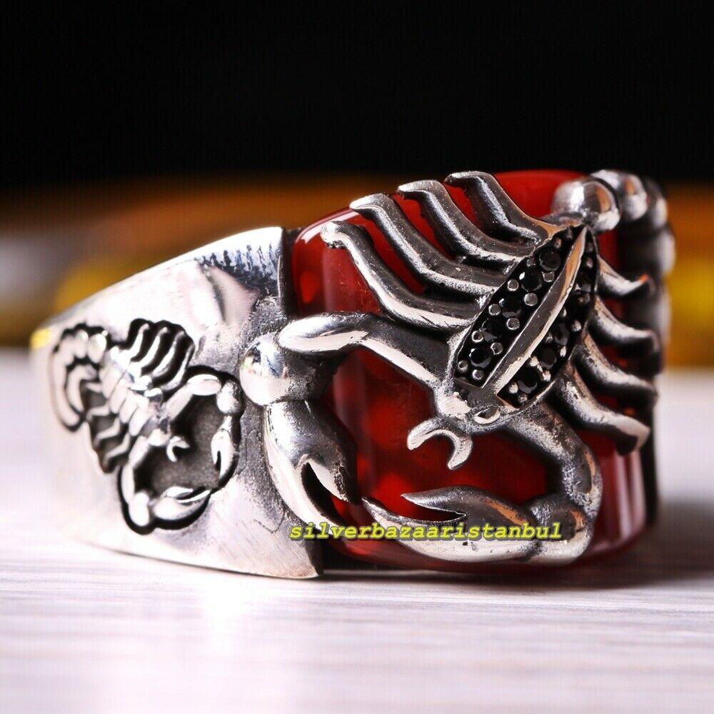 Scorpion Design 925 Sterling Silver Red Agate Aqeeq Stone Mens