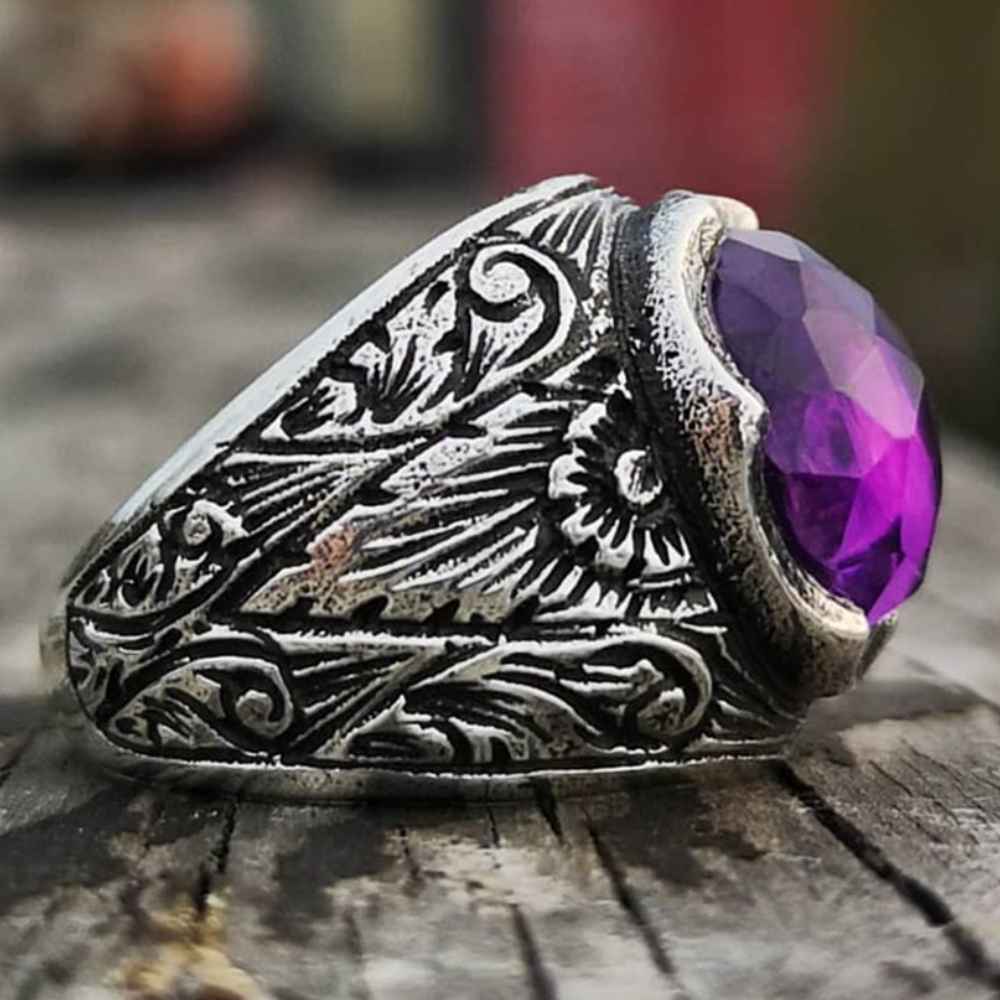 Shiny Amethyst Stone 925 Sterling Silver Luxury Mens Ring