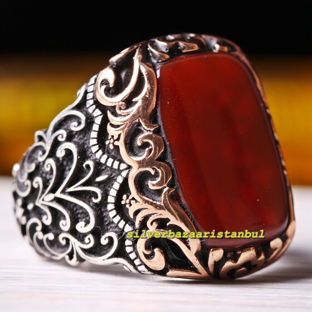 Turkish Handmade 925 Sterling Silver Red Agate Aqeeq Stone Mens