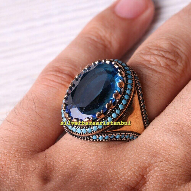 925 Sterling Silver Aquamarine and Turquoise Stone Mens Ring silverbazaaristanbul 