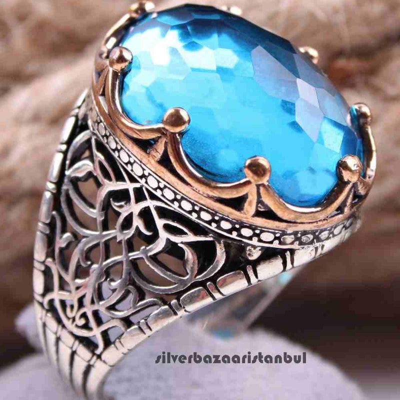 925 Sterling Silver Aquamarine Stone King Crown Mens Ring silverbazaaristanbul 