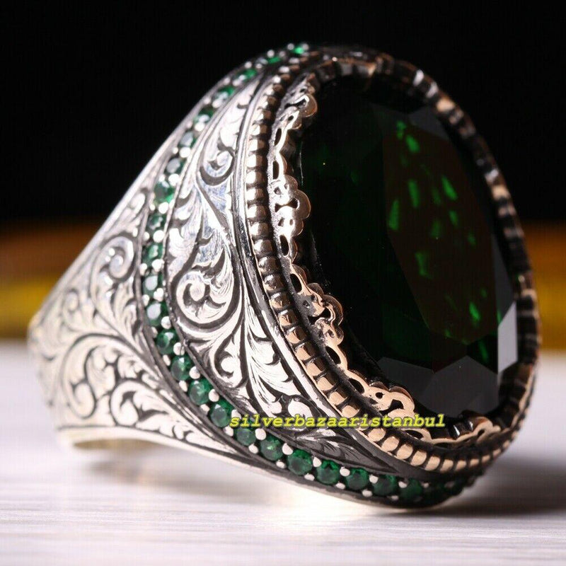 925 Sterling Silver Authentic Green Emerald Stone Mens Ring silverbazaaristanbul 