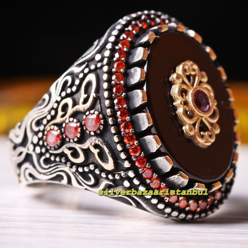 925 Sterling Silver Citrine and Agate Aqeeq Stone Mens Ring silverbazaaristanbul 