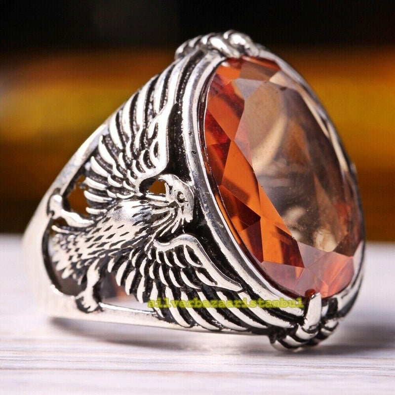 925 Sterling Silver Citrine Stone Luxury Eagle Mens Ring silverbazaaristanbul 