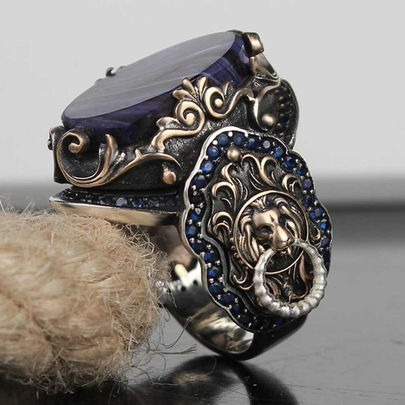 925 Sterling Silver Clear Amber and Sapphire Stone Lion Mens Ring silverbazaaristanbul 