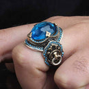 925 Sterling Silver Clear Aquamarine Stone King Lion Mens Ring silverbazaaristanbul 