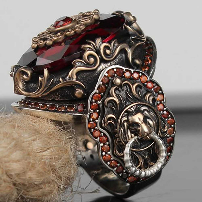 925 Sterling Silver Clear Ruby Stone Lion Mens Ring silverbazaaristanbul 