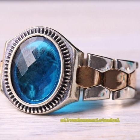 925 Sterling Silver Clock Model Aquamarine Stone Mens Ring silverbazaaristanbul 