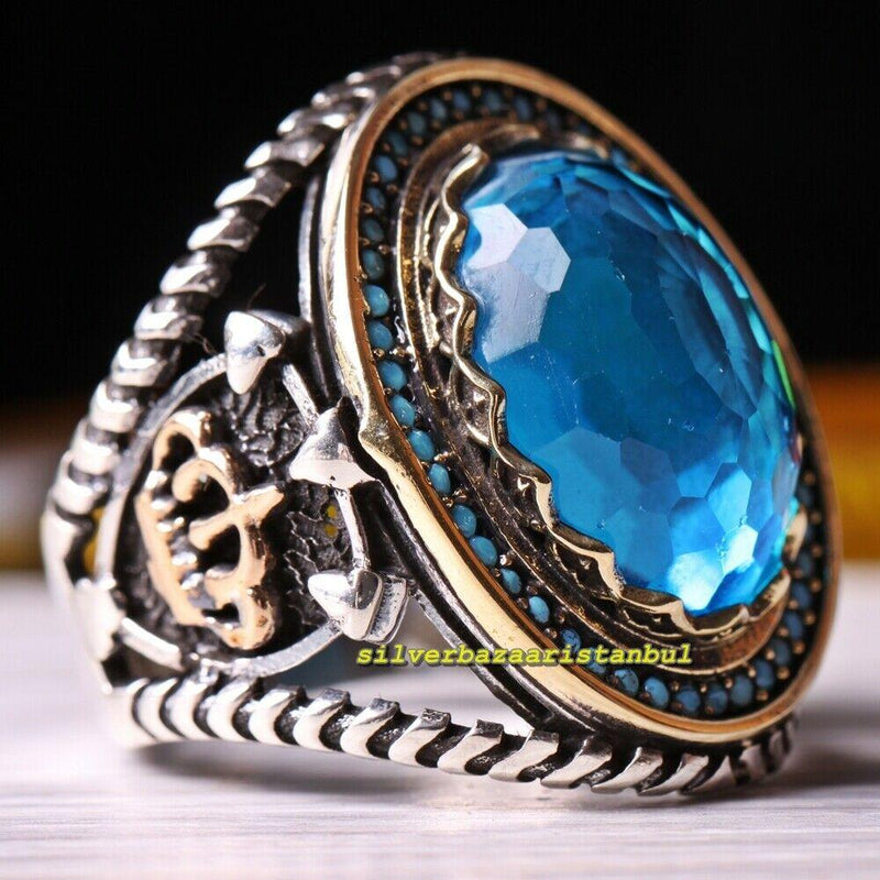 925 Sterling Silver Crown of a King Aquamarine Stone Mens Ring silverbazaaristanbul 