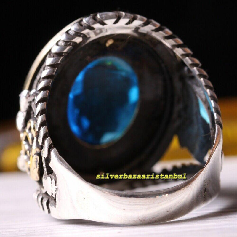 925 Sterling Silver Crown of a King Aquamarine Stone Mens Ring silverbazaaristanbul 