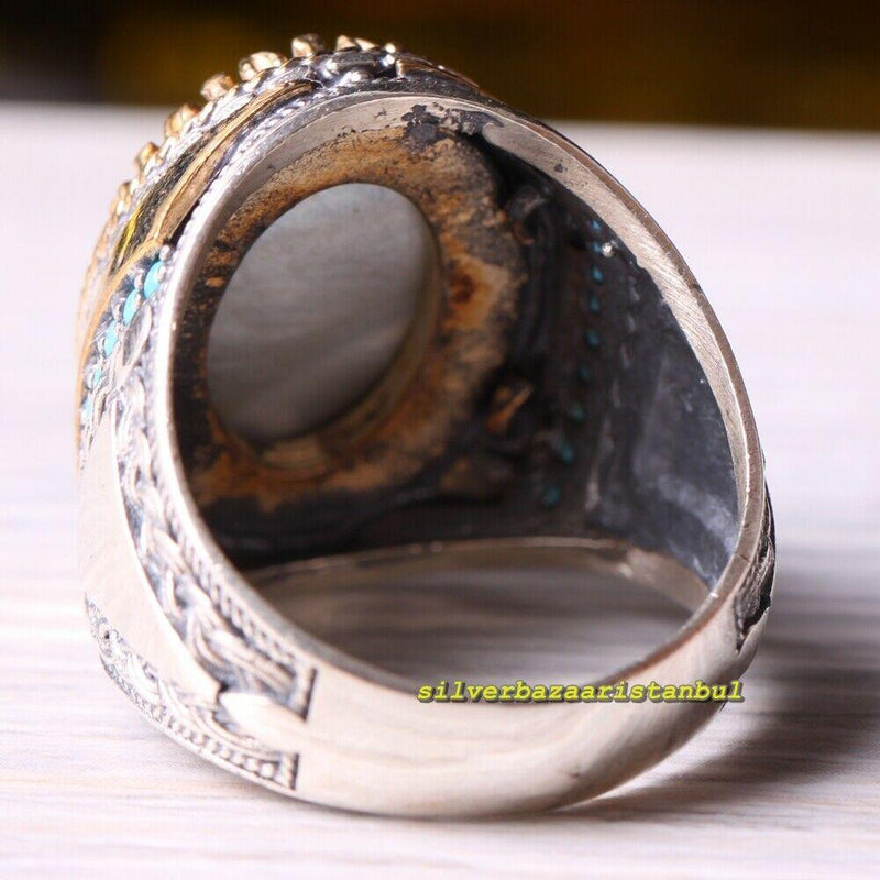 925 Sterling Silver Crown Onyx and Turquoise Stone Mens Ring silverbazaaristanbul 