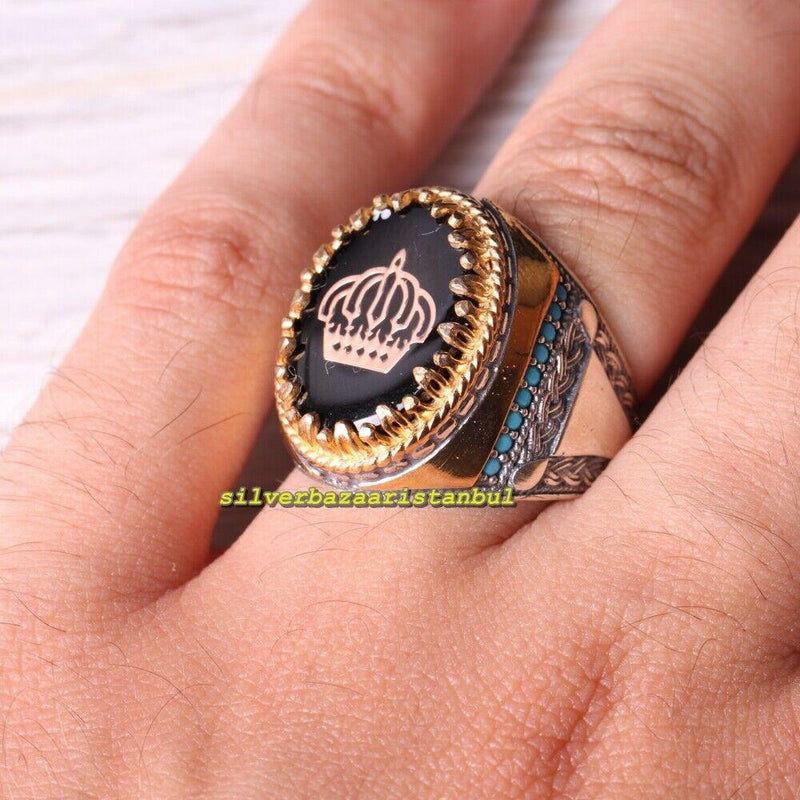 925 Sterling Silver Crown Onyx and Turquoise Stone Mens Ring silverbazaaristanbul 