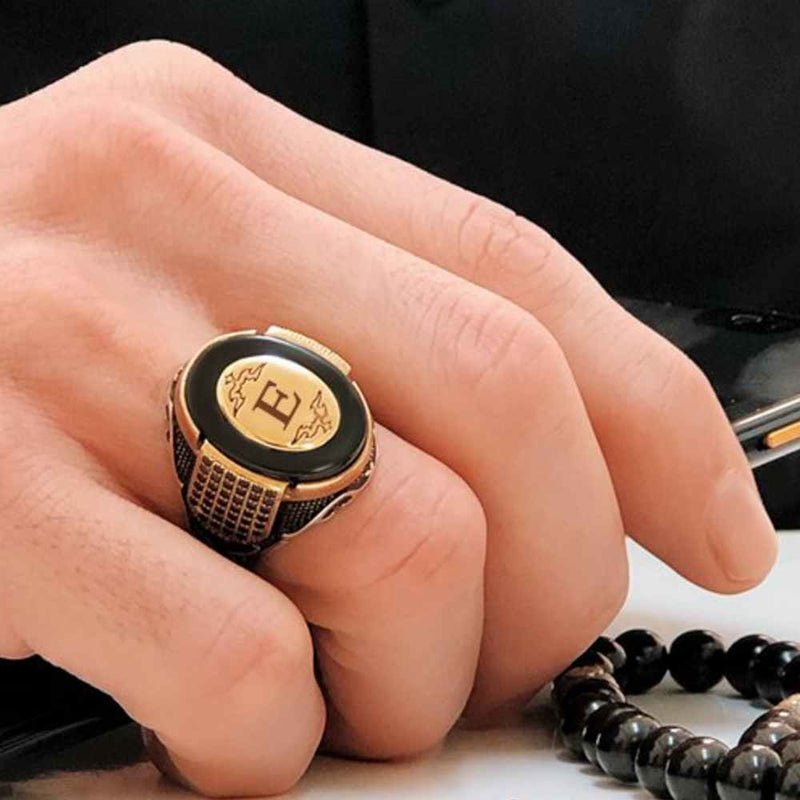 925 Sterling Silver Customizable Onyx Stone Letter Mens Ring silverbazaaristanbul 