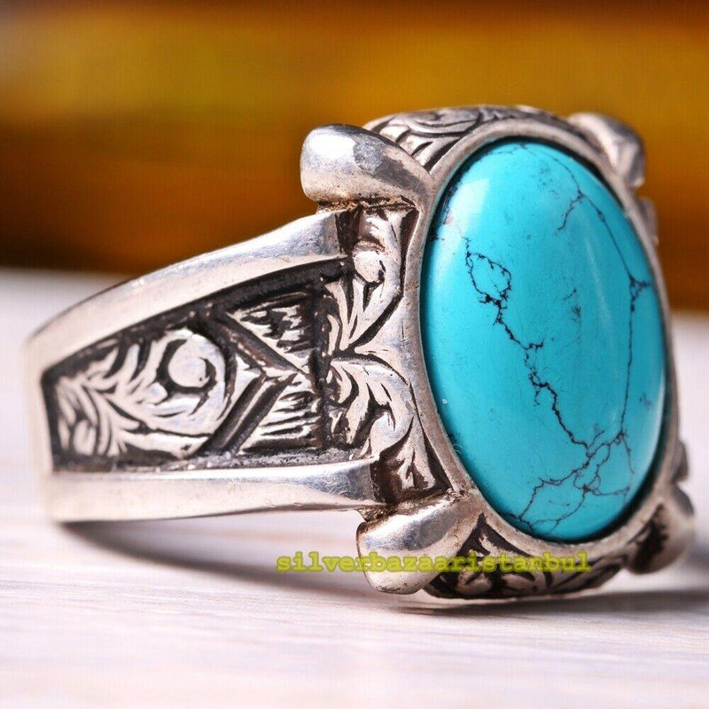 925 Sterling Silver Eagle Claw Turquoise Stone Mens Ring silverbazaaristanbul 
