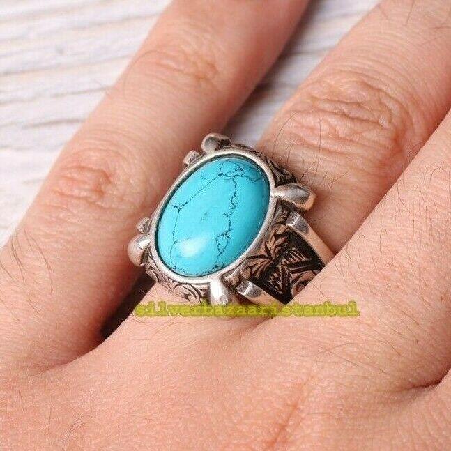 925 Sterling Silver Eagle Claw Turquoise Stone Mens Ring silverbazaaristanbul 