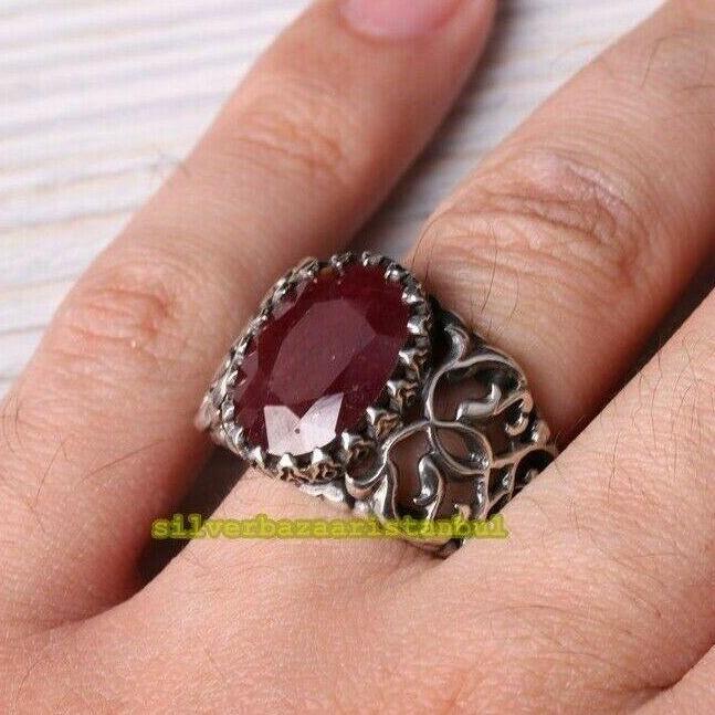 925 Sterling Silver Facet Cut Natural Ruby Red Stone Mens Ring silverbazaaristanbul 