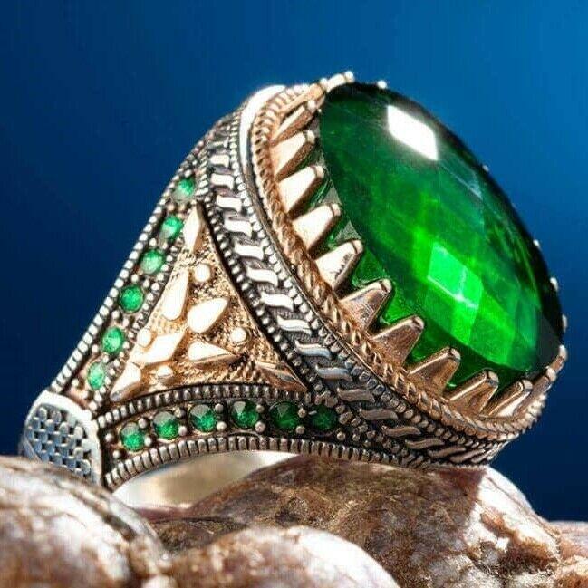 925 Sterling Silver Faceted Cut Emerald Stone Mens Ring silverbazaaristanbul 