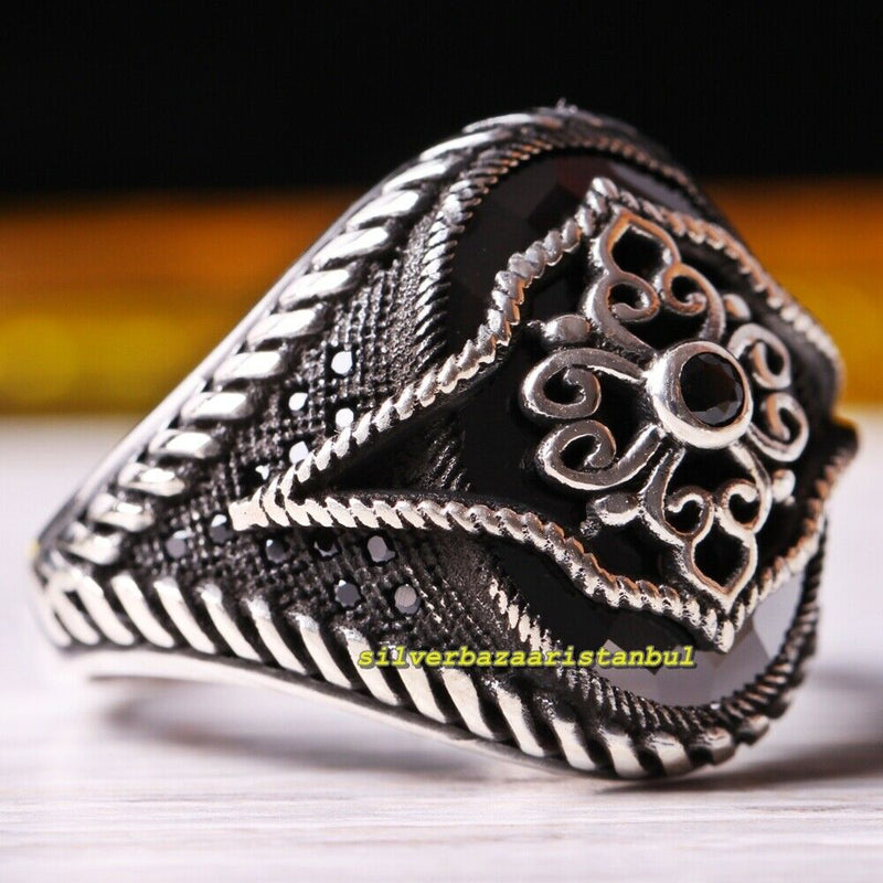 925 Sterling Silver Faceted Onyx Stone Mens Ring silverbazaaristanbul 
