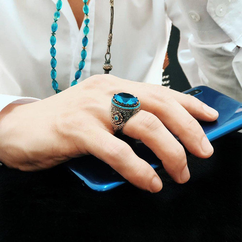 925 Sterling Silver Flashy Aquamarine Stone Mens Ring silverbazaaristanbul 