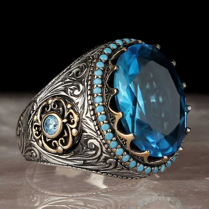 925 Sterling Silver Flashy Aquamarine Stone Mens Ring silverbazaaristanbul 