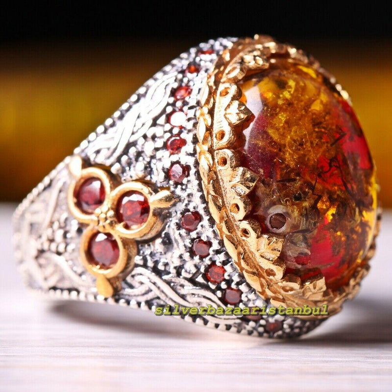 925 Sterling Silver Fossil Amber and Orange Citrine Stone Mens Ring silverbazaaristanbul 