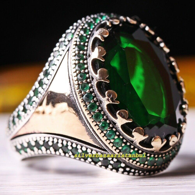 925 Sterling Silver Full Small Emerald Stone Mens Ring silverbazaaristanbul 