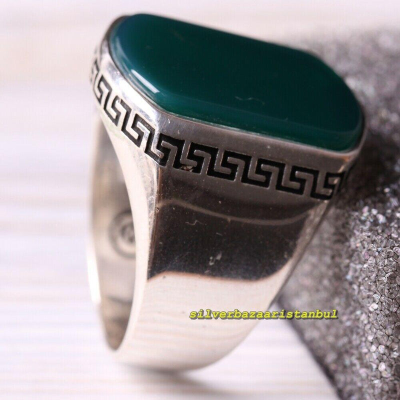 Luxury Gold/Silver Tone Engraved Mens Full Metal Rings with Green Ruby  Color Stone