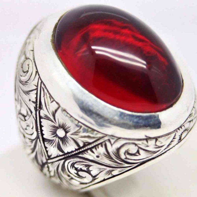 925 Sterling Silver Hand Engraved Ruby Stone Mens Ring silverbazaaristanbul 