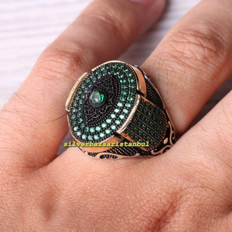 925 Sterling Silver Handmade Full Small Green Emerald Stone Mens Ring silverbazaaristanbul 