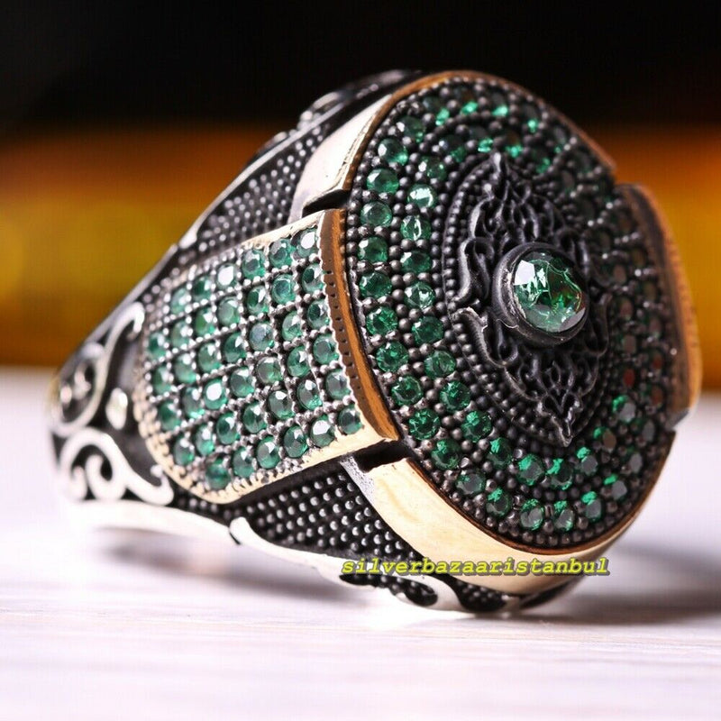 925 Sterling Silver Handmade Full Small Green Emerald Stone Mens Ring silverbazaaristanbul 