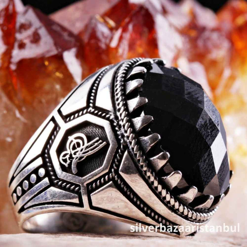 925 Sterling Silver Handmade Tughra Black Onyx Mens Man Ring silverbazaaristanbul 
