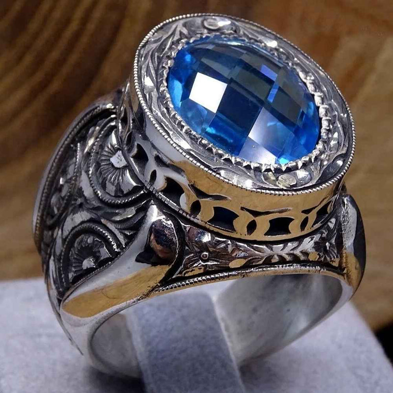 925 Sterling Silver Heavy Best Aquamarine Stone Mens Ring silverbazaaristanbul 
