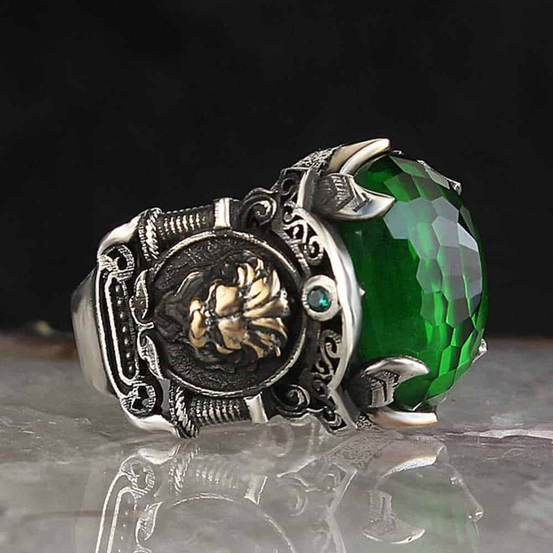 925 Sterling Silver Heavy Emerald Stone King Lion Mens Ring silverbazaaristanbul 