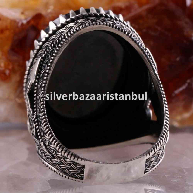 925 Sterling Silver Heavy Tughra Black Onyx Mens Man Ring silverbazaaristanbul 