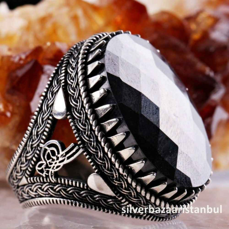 925 Sterling Silver Heavy Tughra Black Onyx Mens Man Ring silverbazaaristanbul 