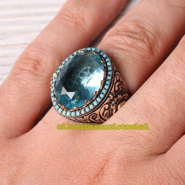 925 Sterling Silver Light Color Blue Aquamarine Stone Mens Ring silverbazaaristanbul 