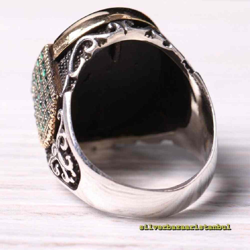 925 Sterling Silver Lion Style Agate and Emerald Mens Ring silverbazaaristanbul 
