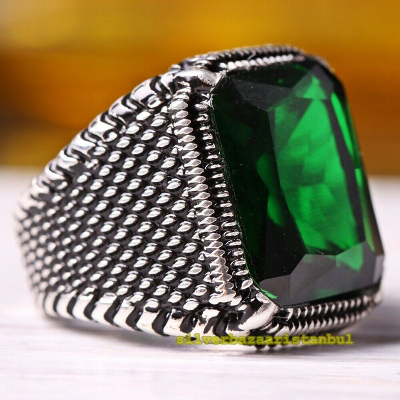 925 Sterling Silver Most Popular Green Emerald Stone Mens Ring silverbazaaristanbul 