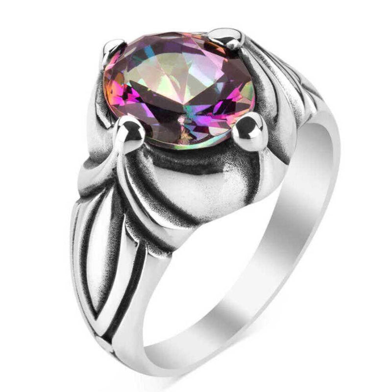 925 Sterling Silver Natural Mystic Topaz Stone Mens Ring silverbazaaristanbul 
