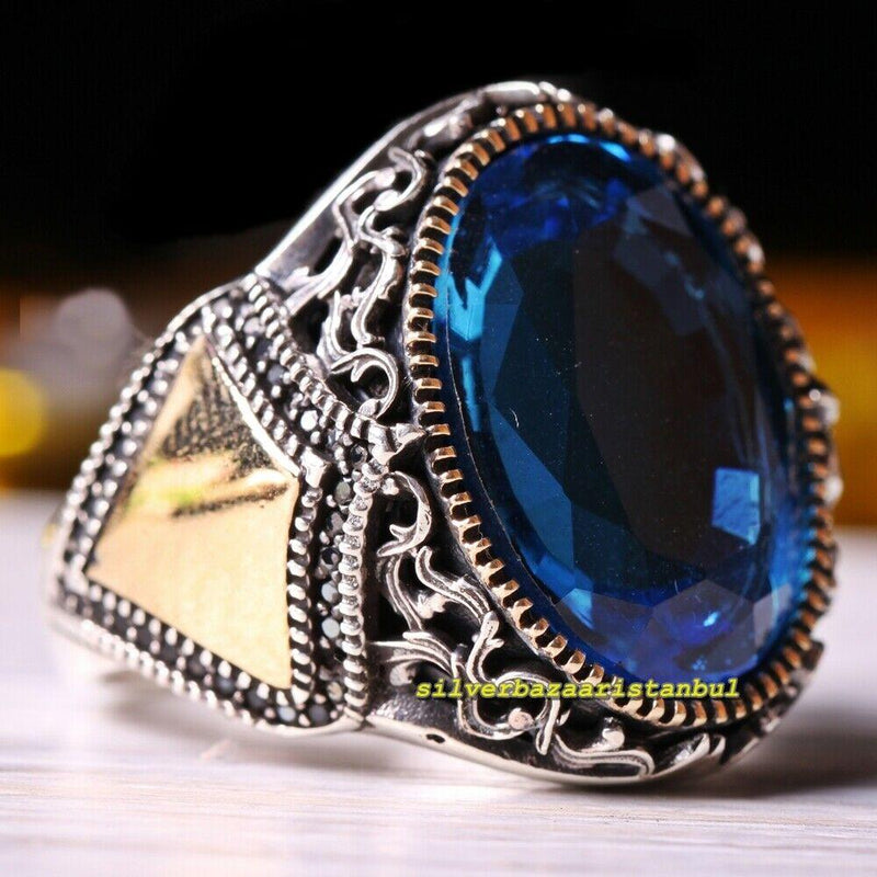 925 Sterling Silver Onyx and Aquamarine Multi Stone Mens Ring silverbazaaristanbul 