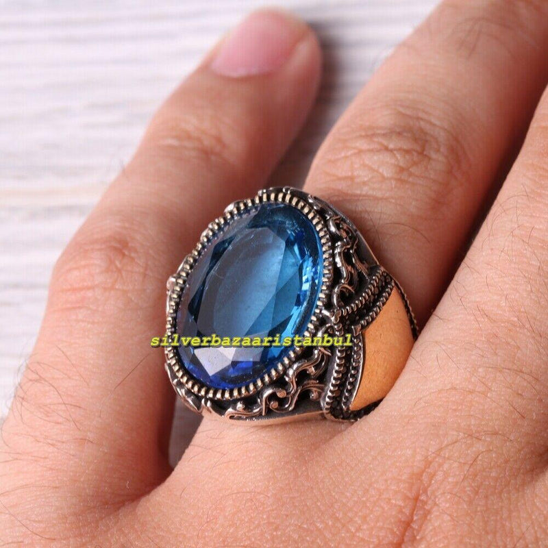 925 Sterling Silver Onyx and Aquamarine Multi Stone Mens Ring silverbazaaristanbul 