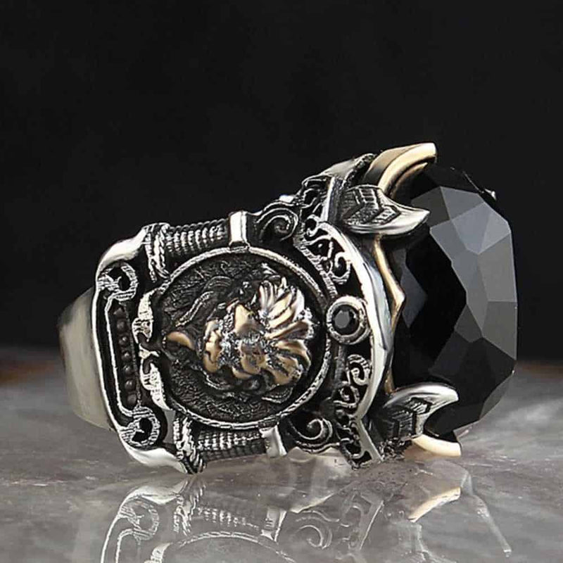 925 Sterling Silver Onyx Stone King Lion Mens Ring silverbazaaristanbul 