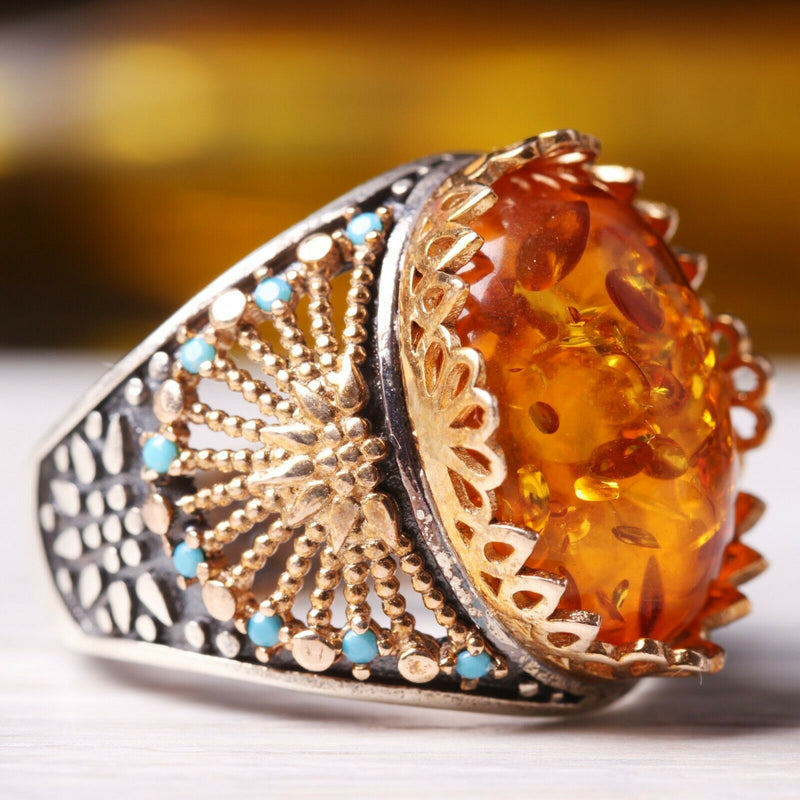 925 Sterling Silver Orange Amber and Turquoise Stone Mens Ring silverbazaaristanbul 