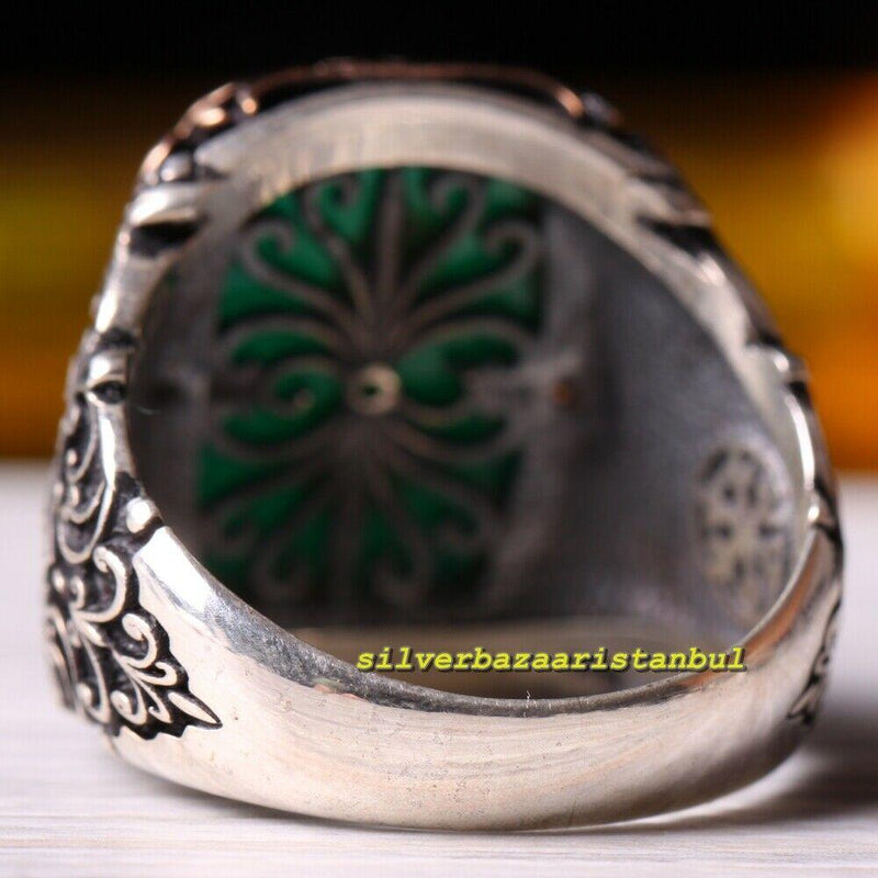 925 Sterling Silver Original Green Agate Aqeeq Stone Mens Ring silverbazaaristanbul 