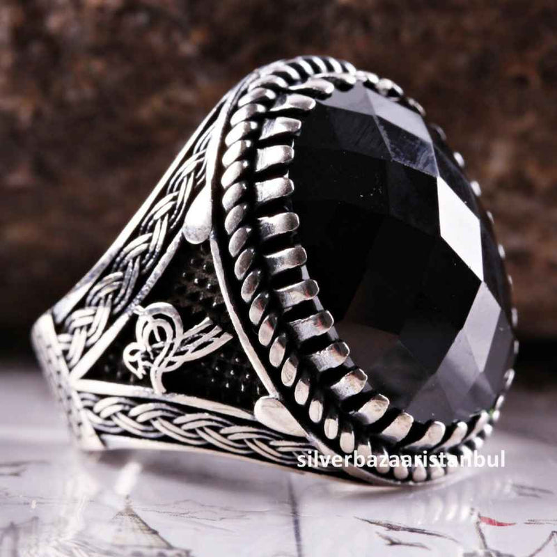 925 Sterling Silver Otto Tughra Black Onyx Stone Men Ring silverbazaaristanbul 